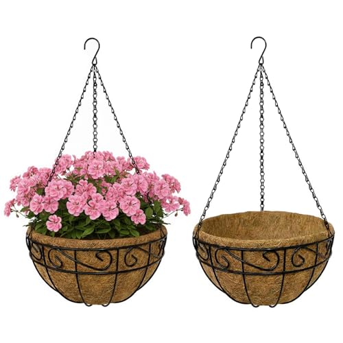 CRAYZA 12 Inch Hanging Baskets for Plants Outdoor, 2 Pack Metal Wire Hanging Planters with Coco Coir Liners, Rust-Resistant Flower Basket with Chains & Hooks for Garden Patio Porch Deck Balcony