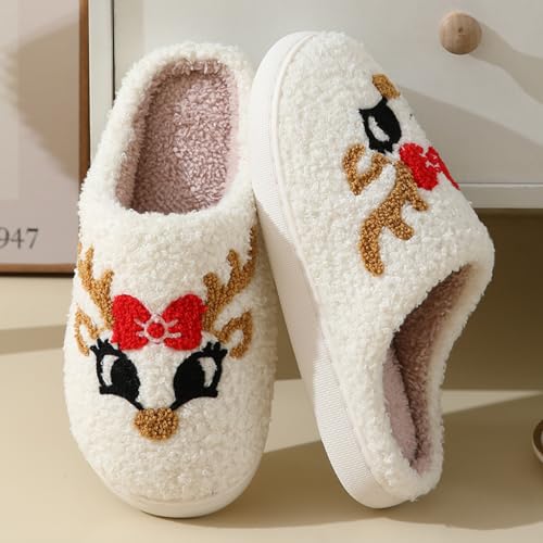Christmas Slippers Memory Foam for Women Men, Cozy Plush Warm Non-Slip Holiday Slides with Santa Reindeer Designs Indoor Outdoor3