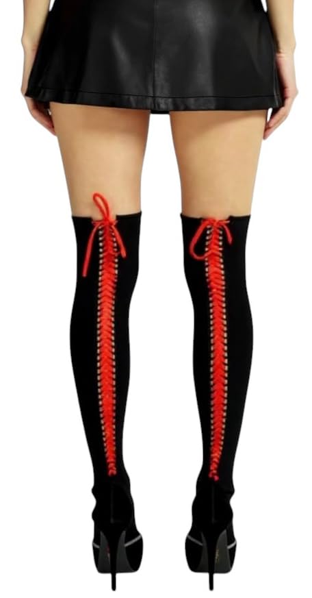 Image of ToBeInStyle Women's Lace Up Back Seam Tights Sheer or Opaque Hosiery Stockings Crisscross Lace Ribbon Zigzag Design