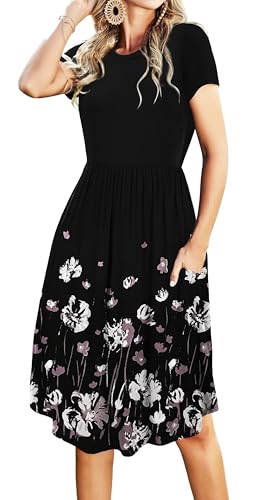 Image of Simier Fariry Womens Summer Modest Work Casual Midi Knee Dress Pocket Short Sleeve Teacher Outfits Spring Travel Clothes
