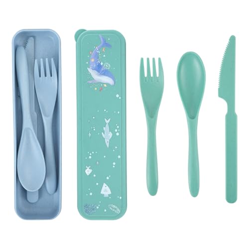 2 Pcs Travel Camping Cutlery Set with Case, Ocean Theme Utensil Portable Flatware, Reusable Travel Fork Spoon Knife Cutlery Set, Tableware for Kids Adult Picnic School Office Outdoor (Blue+Green)
