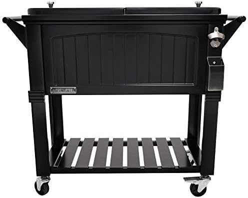 Permasteel 80-Qt Antique Patio Cooler for Outside | Outdoor Beverage Cooler Bar Cart, Rolling Cooler with Wheels and Handles, Wooden Teak Accent, Black