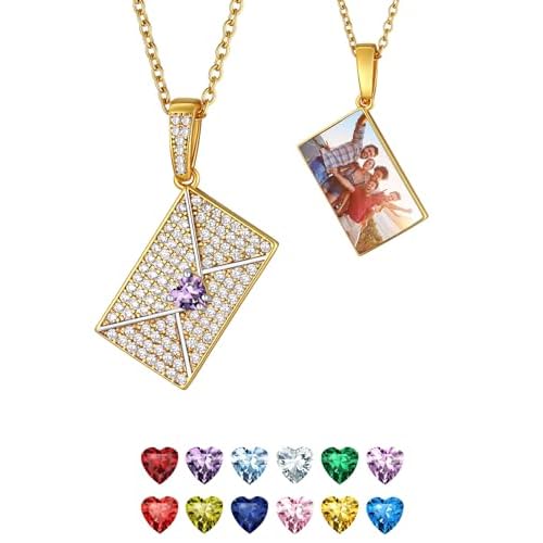 FindChic Customized Locket Necklaces for Women Girl with Custom Birthstone Hollow Heart Rose Flower/Sunflower/Envelope with Zirconia Stone Gold/Silver