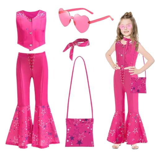 Shinybox Disfraz de Vaquera para Niñas, 5 Piezas Conjunto de Vaquera Rosa con Bufanda, Bolsos y Gafas, Disfraz de Hippie Disco para Halloween, Carnaval, Fiesta Temática