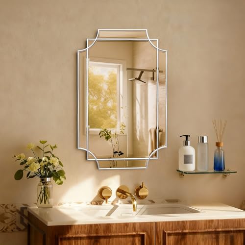 HQiJun 30x20 Inch Silver Bathroom Mirror, Wooden Frame with Scalloped Polished Beveled Glass, Modern Art Wall Decor for Vanity, Irregular Rectangle Mirror for Bedroom, Living Room & Entryway