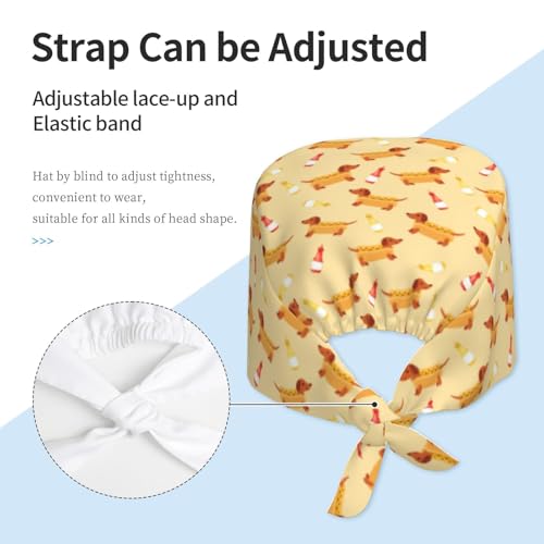 Image of Dachshund Hot Dog Working Cap Scrub Cap with Sweatband Adjustable Unisex Tie Back Hat for Cleaning Farm Nursing