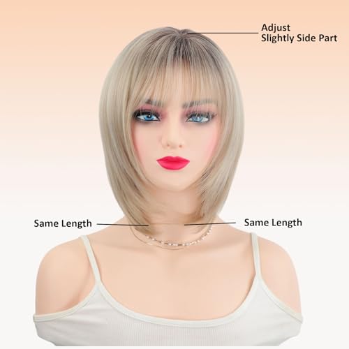 Webshaiy Perücke Damen Kurz Bob mit Pony Voluminöser Look für Reife Frauen Graabdeckung & Mama, Ombre Light Blonde Layered Bob Wig Glatte Synthetische Perücken with Human-Hair-Like Fiber