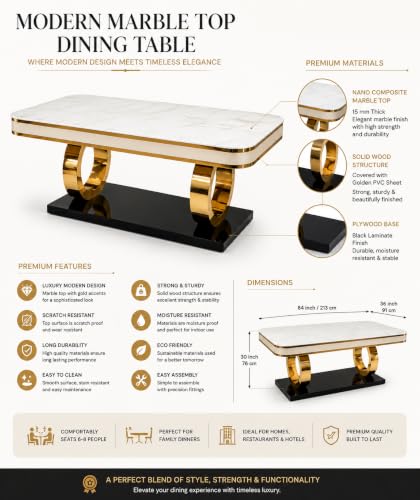 Image of 8-Seater Dining Table with Nano Composite Marble Top and PVC Golden Wooden Base |2yr Warranty - Includes 8 Fabric Upholstered Chairs