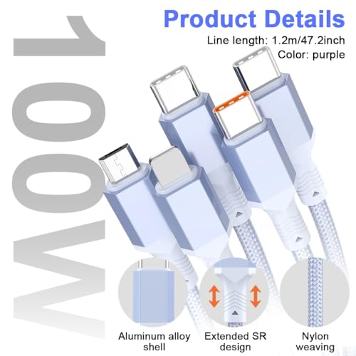 Image of Verilux PD 100W Type C Cable Fast Charging 3.9FT, 480Mbps Data Transmission C Type Charger Cable with Three C Connectors, USB to Lighting, USB to Micro A for iPhone 17 /16 /15 Galaxy S26 /S25 /S24