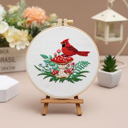 Image of Louise Maelys Cardinal Mushroom Embroidery Kit for Beginners DIY Craft | DIY Needlepoint Kit with Pre-Printed Fabric, Hoop, Threads, Needles and Guide. Cross Stitch Kit for Adults with Nature Design