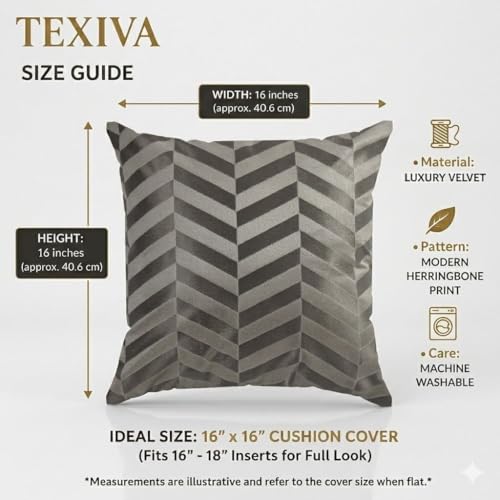Image of TEXIVA Premium Velvet Cushion Covers Set of 5, 16x16 Inch Sofa Cushion Covers with Hidden Zipper, Modern Chevron Pattern - Grey