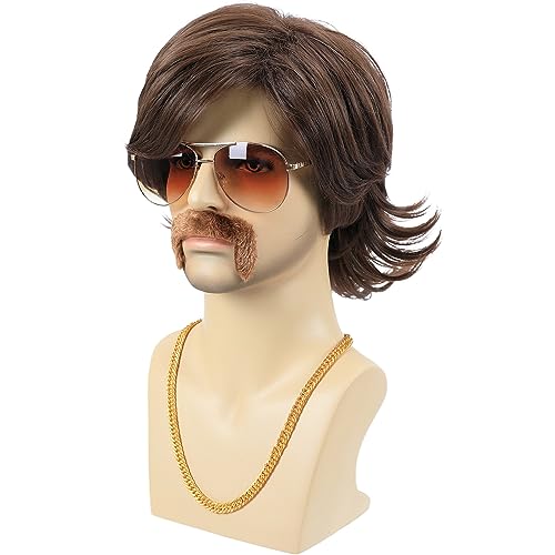 Bettecos 70S 80S Costume Wigs For Men With Mustache Glasses And Chain Short Brown Shaggy Disco Wig For Rocker Singer Hippie Retro Cosplay Halloween Party thumb #1