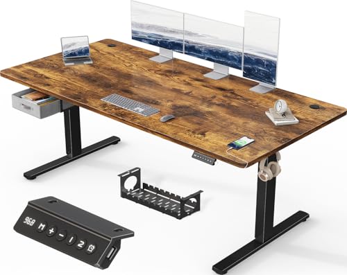 Devoko 180x80cm Electric Standing Desk with Drawer&Hooks Height Adjustable Standing Desk with Memory Smart Panel Upgraded Stable Steel Frame with Wider Desktop for Home Office,Rustic Brown
