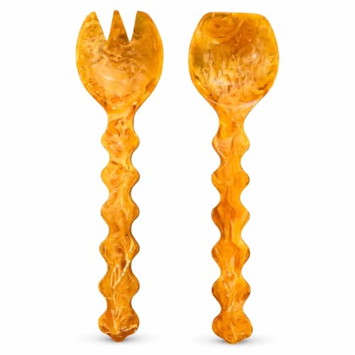 Resin Salad Serving Spoon and Fork Set – Vintage Mustard Marbled Design – Lightweight Durable Textured Handle Utensils for Tossing Salad, Pasta & Stylish Table Serving