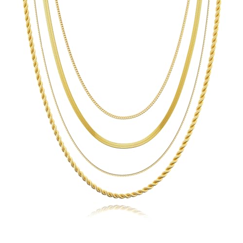 Tewiky Layered Necklaces for Women Non Tarnish- Chunky 14k Gold Plated Herringbone/Snake/Rope/Box/Cuban Link Chain for Women Waterproof Layering Stack Choker Necklace Trendy Dainty Tarnish Free Jewelry Set