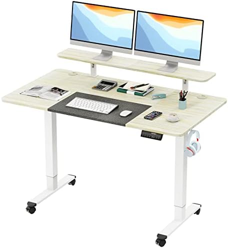 WOKA 55 x 28 Inch Dual Motor Electric Standing Desk, 2-Tier Height Adjustable Stand up Desk, Sit Stand Desk with Memory Controller, Adjustable Desks for Home Office, Motorized Desk with Splice Board