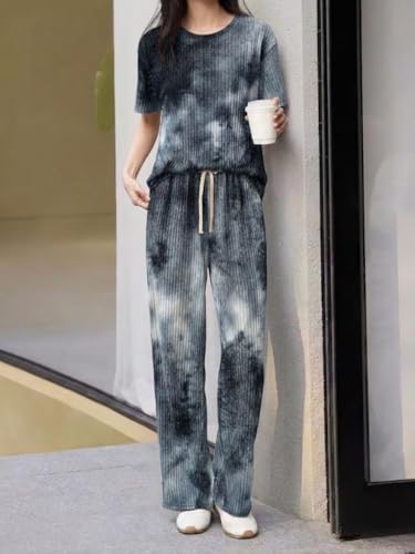 Image of SMOWKLY Korean Night Dress |Summer wear | Lounge Wear |Everyday Pyjama Set |Tie-dye Relaxed Fit Stylish Pajama Sets | Short Sleeve Top & Long Pant Sleepwear Pjs Lounge Set Co-ords Outfit with Pockets