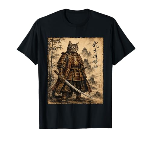Image of Anime Samurai Cat Vintage Warrior with Katana Sword T-Shirt