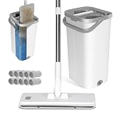 Masthome Wischmopp mit Auswringfunktion, Flachmopp Set mit Edelstahlgriff und 10 Mikrofaser Moppkopf, Putzeimer mit Bodenwischer für Hartholz Fliesen Laminat Bodenreinigung,Weiße