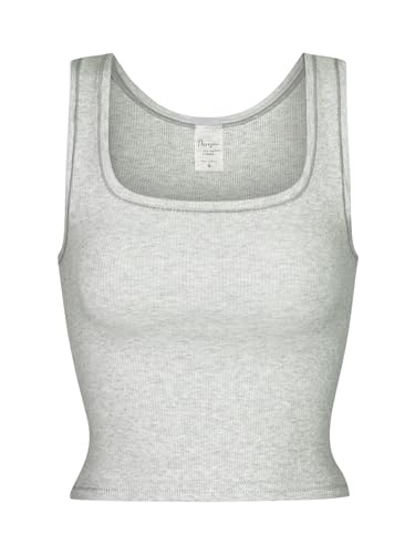 Danysu Women Cotton Rib Tank Top with Built in Bra Square Neck Crop Tank Fitted Basic Tops Heather White XS