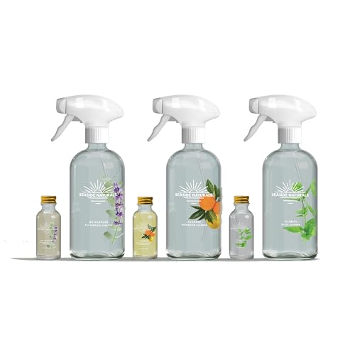 Start Up Kit Plant-Based All-Purpose Glass & Bathroom Cleaners (Glass Bottles Sprayers & Concentrates Essential Oils: Eucalyptus Lavender Tea Tree Peppermint Citrus) Kid & Pet Safe Non-Toxic
