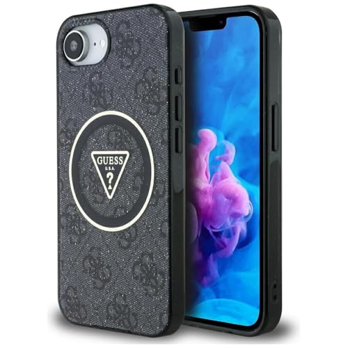 CG Mobile Guess IML Metal Glitter 4G Circle Triangle Compatible avec MagSafe Coque pour iPhone 16e (Noir)