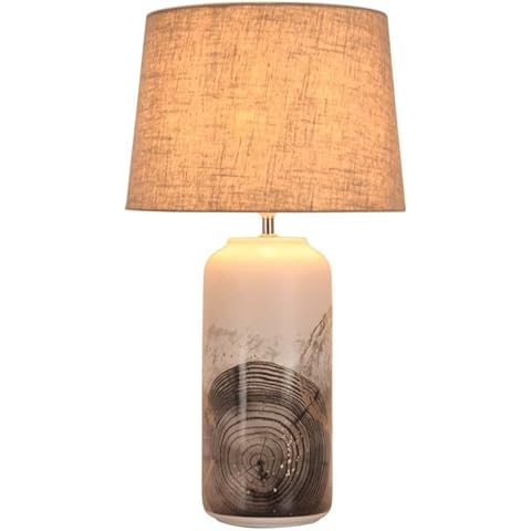 Lámpara de Mesa Cerámica Elegante con Dibujos Anillos de Arboles y Pantalla de Tela Beige Cover