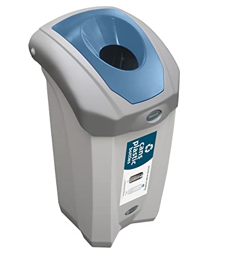 Glasdon Nexus 8G Cans & Plastic Bottles Recycling Bin (Gray, Blue Sticker) – 8-Gallon Container for Indoor Use – Compact Recycling Bin for Cans & Plastic