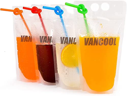 70 bolsas transparentes para bebidas de 500 ml, bolsas de mano de pie, contenedor de bebidas reutilizables con pajita para congelar jugos y suministros de fiesta fríos, Transparent Cover