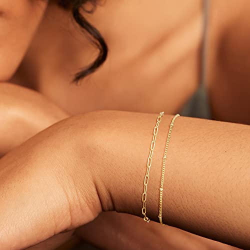 Gold Layered Bracelets For Women, Dainty 14K Gold Plated Paperclip Satellite Chian Bracelet Waterproof Cute Adjustable Box Link Chain Simple Bracelets Set For Women Trendy Gold Minimalist Jewelry #TOP1