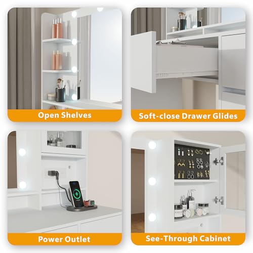 Image of Vanity Desk with Mirror and Lights, 43.3 inch Makeup Vanity Table with 6 Drawers and 3 Storage Shelves, Power Outlet & Stool, 3 Lighting Modes Adjustable Brightness, Dressing Table for Bedroom (White)