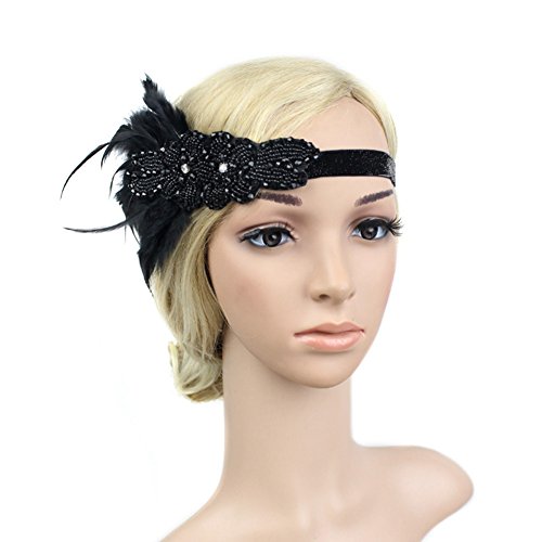 Actlati Retro Fashion 1920S Headband Roaring 20S Feather Hair Band Cocktail Party Girls Women, Black, One Size #TOP1