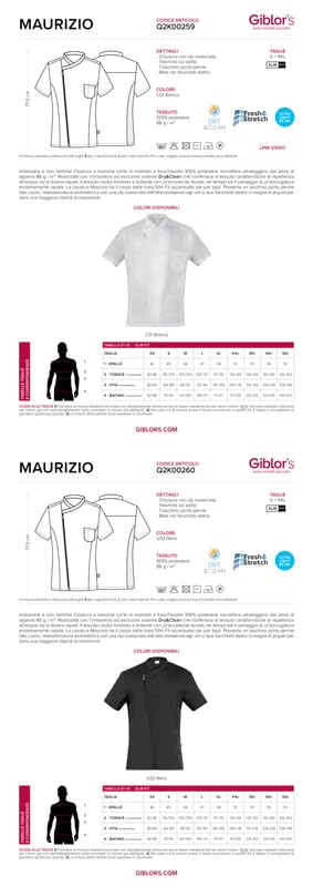 Giblor's Casacca MAURIZIO da Infermiere Dottore Manica Corta Slim Fit NERO