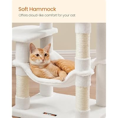 Feandrea Cat Tree, 44.1-Inch Cat Tower, Plush Multi-Level Condo with 4 Scratching Posts, 2 Perches, Hammock, Cave, Cream White UPCT261T01