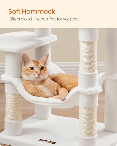 Image of Feandrea Cat Tree, 44.1-Inch Cat Tower, Plush Multi-Level Condo with 4 Scratching Posts, 2 Perches, Hammock, Cave, Cream White UPCT261T01