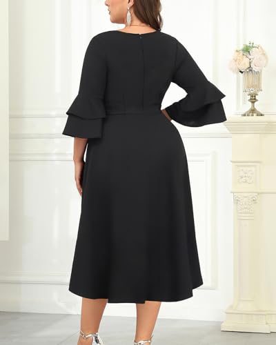 Plus Size Wedding Guest Dress - Semi Formal Double Bell Sleeve V Neck High Low Split Ruffle Cocktail Dresses with Belt3