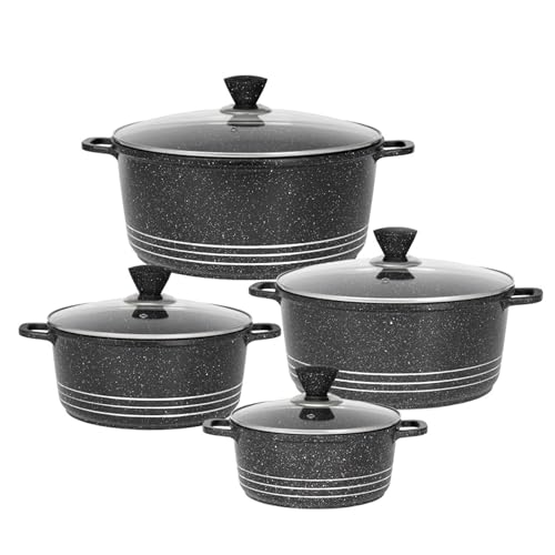 GRACE KITCHEN Cookware - 4Pc Die Cast Aluminium Non Stick Casserole Pots with Lids – Induction Stockpot Set for All Hobs – Tempered Glass Lids with Steam Vent
