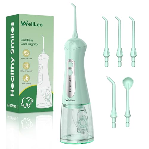 WellLeo Water Flosser for Teeth, Portable Oral Irrigator Rechargeable Water Dental Flosser Pick with High Pressure 5 Jet Tips, IPX7 Travel Water Flossing for Brace Teeth Cleaner Gum Care
