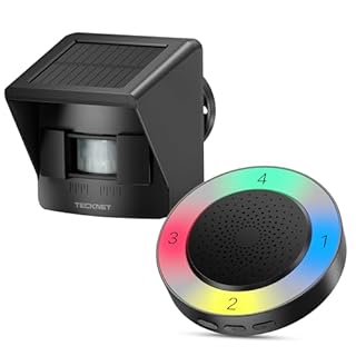 TECKNET Solar Wireless Driveway Alarm with 2600FT Long Range & 36 Melodies & 5 Volumes and Supports 4 Zones Weatherproof Motion Sensor Alarm to Protect Inside/Outside Property (1 Receiver 1 Sensor)
