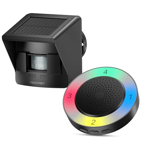 TECKNET Solar Bewegungsmelder Alarm mit 800 Meter Reichweite,36 Melodien & 5 Lautstärken Durchgangsmelder, 4 Verteidigungszonen Mobile Alarmanlage für Innen und Außenbereiche(1 Empfänger & 1 Sensor)