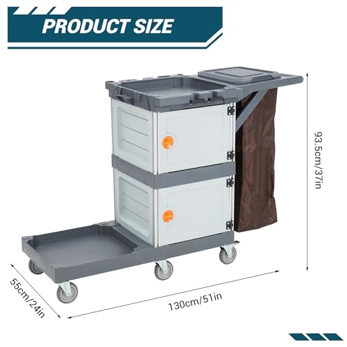 Heavy-Duty Commercial Janitorial Cleaning Cart with Dual Cabinets, 3 Storage Shelves, Vinyl Trash Bag & Smooth-Rolling Wheels – Professional Housekeeping Trolley for Hotels, Schools & Apartments