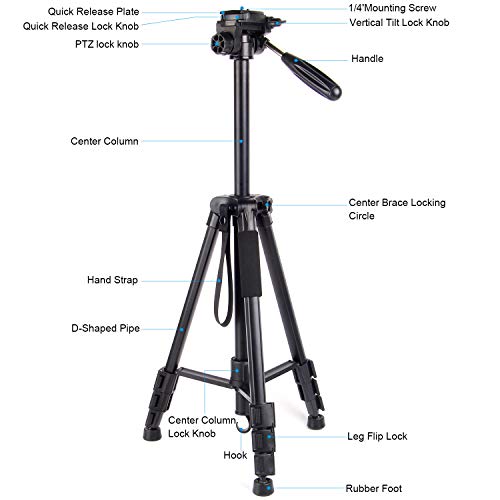 Regetek Camera Tripod Travel Monopod(65" Aluminum Professional Video Camera Mount Leg) Adjustable Stand with Flexible Head for Canon Nikon DV DSLR Camcorder Gopro cam& Carry Bag