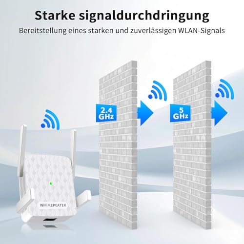 WLAN Verstärker, 1200Mbit/s WiFi Repeater Dual Band 5GHz + 2.4GHz, WiFi Verstärker deckt bis zu 200 m², WiFi Booster mit Ethernet Anschluss, Unterstützung WPS, Kompatibel zu Allen WLAN Geräten