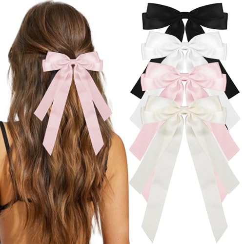 Vintage Silky Satin Hair Bows for Women, Big Bow Hair Clips with Long Tails Luxurious Ribbon Hair Accessories for Women & Teen Girls
