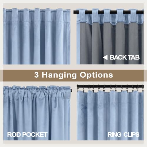 Image of Dusty Blue Velvet Drapes for Baby Boy Bedroom 96 Inches Long 2 Panel Thermal Insulated Light Blocking Floor Length Slate Stone Blue Velvet Curtains for Modern Home Decor Back Tab Pocket Greyish Blue
