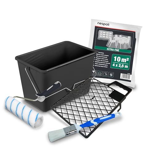 Nespoli - Set Pittura Completo con Rullo per Pittura, Pennello Pittura, Secchio, Telo, Retina - Kit Pittura Murale e Fissativo per Muri Interni per Lavori Fai da Te, Set Rullo Pittura Facile Utilizzo
