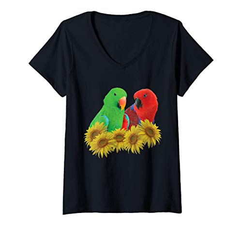 Contiene l'immagine di un pappagallo Eclectus maschio (verde) e femmina (rosso) appollaiato dietro un mazzo di fiori di girasole. Progettato per gli amanti dei pappagalli e per i veterinari aviari.