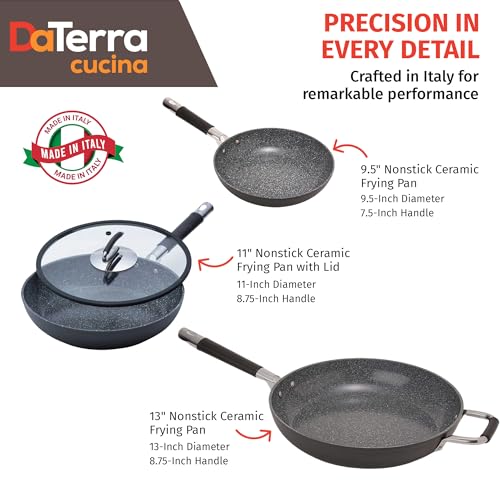DaTerra Cucina Nonstick 3-Skillet Bundle – 9.5" and 13" Fry Pans, 11" Fry Pan with Glass Lid, Oven Safe, Nonstick Cookware, PTFE & PFOA Free, Durable Ceramic Coating - Made in Italy, Volcanic Black