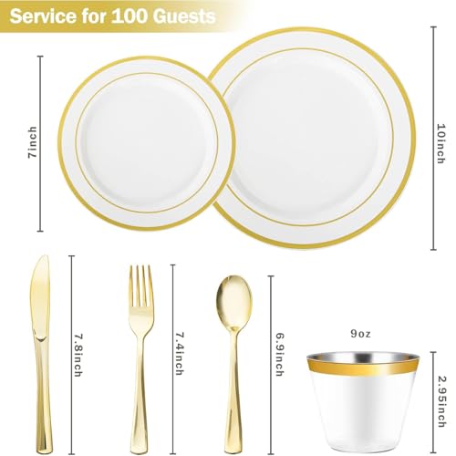 N9R 600PCS Disposable Plastic Plates, Gold Plastic Dinnerware Set Includes 100 Dinner Plates, Dessert Plate, Cups, Spoons, Forks, Knives for 100 Guests, Perfect for Party, Wedding, Birthday by N9R - Image 2