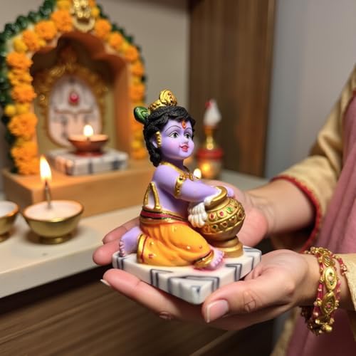 Image of UNOVATE Krishna Makhan Chor Statue Figurine Showpiece for Home Temple, Living Room & Pooja Decor | Lord Krishna Idol Showpiece for Housewarming Gift for Janmashtmi (Purple Finish)